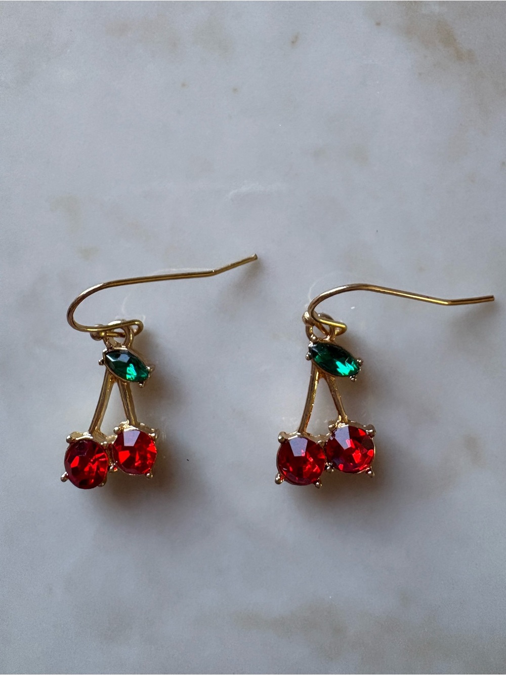 Gold Cherry Dangle Earrings with Red and Green Crystals